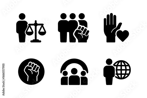 Minimalist icons representing social justice, teamwork, and global unity in silhouette style