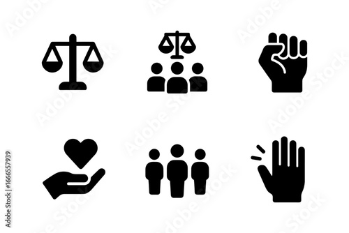 Justice and community icons: unity, equality, and support in bold silhouette design
