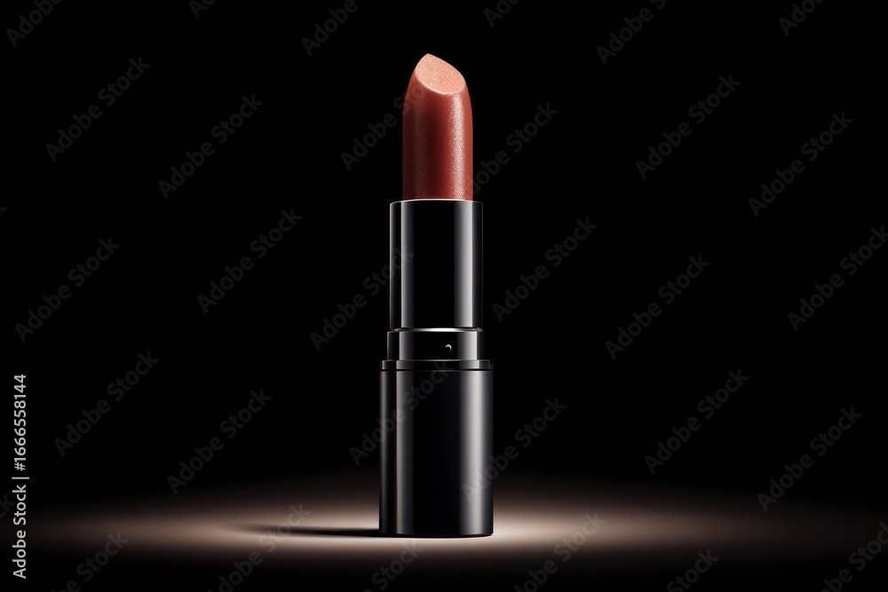 Obraz premium Elegant lipstick in a black tube on a dark background for beauty and cosmetics ads