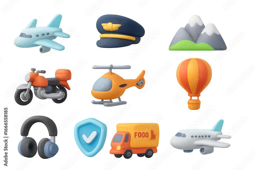 Naklejka premium 3d transport and travel icons featuring vehicles, mountains, and travel gear