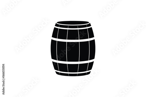 A black and white illustration of a wooden barrel with metal hoops silhouette