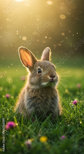 Adorable Baby Rabbit in a Golden Sunlight Meadow