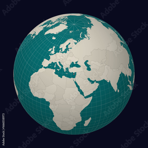 Republic of Cyprus on the map. Globe centered to Cyprus. Country location on the world map. Teal Pale Mint color palette. Globe with countries, meridians and parallels. Authentic vector illustration.