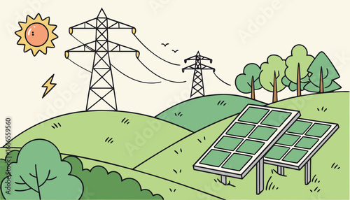 Illustration of solar panels with power lines and energy icons in a green landscape setting view