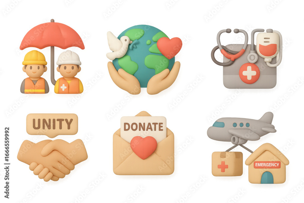 Fototapeta premium Humanitarian aid and global peace symbols in 3d cartoon style