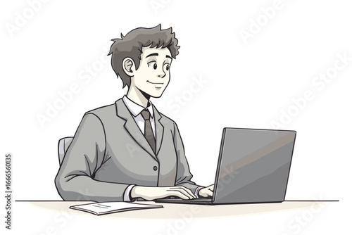 Young smiling businessman thoughtfully working on laptop at modern desk, professional office background.