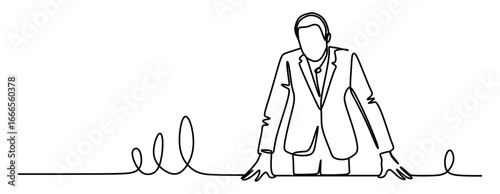 Continuous line art of a man in a business suit standing with his hands on a desk. Company owner. Vector illustration