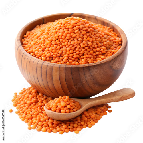 Red lentils in a wooden bowl isolated on transparent background