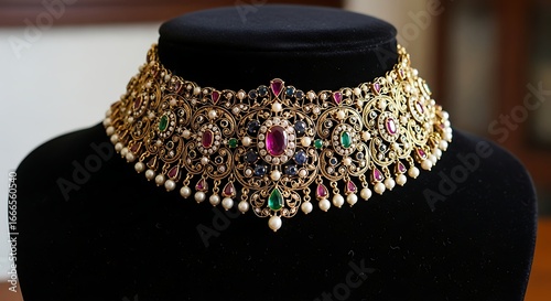 A close-up shot of a stunning gold necklace adorned with vibrant rubies, emeralds, sapphires, and pearls.