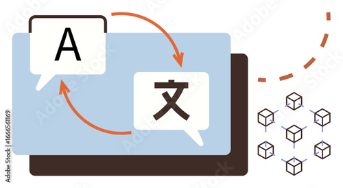 Speech bubbles with letters and arrows depicting translation process, grid of blocks symbolizing interconnected data. Ideal for communication, AI, globalization, technology, machine learning