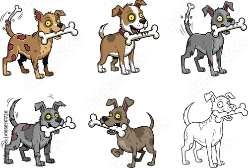 Cute and spooky zombie dogs with bones, cartoon characters, Halloween theme, funny undead pets, isolated on white background.