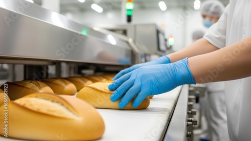 Bakery worker handling fresh bread on a conveyor belt in food factory