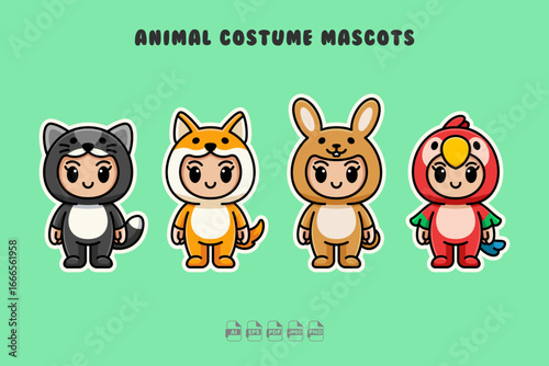 Cute Kids in Cat, Dog, Rabbit, and Parrot Animal Costume Mascots