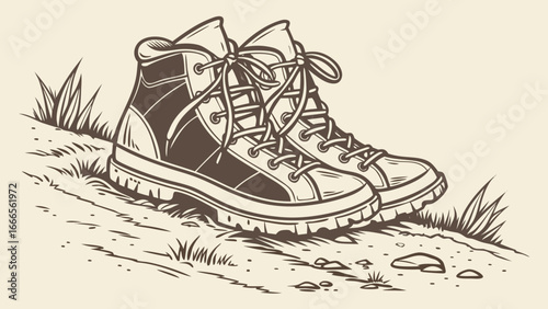 Illustration of a pair of hiking boots with laces sitting on a grassy and rocky terrain outdoors scene
