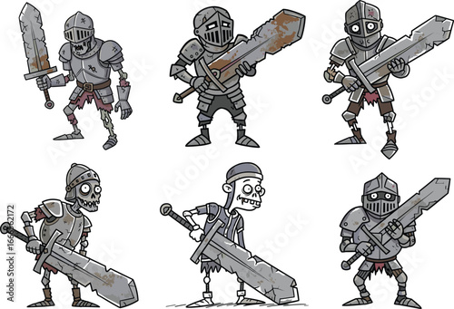 Undead knight character with rusty sword and shield, cartoon style, spooky zombie warrior, Halloween theme, isolated on white background.