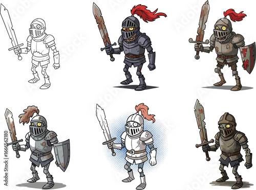Undead knight character with rusty sword and shield, cartoon style, spooky zombie warrior, Halloween theme, isolated on white background.