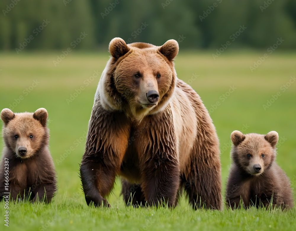 Naklejka premium Brown bear, ursus arctos, mother with two cubs on green meadow with copy space. Wide panoramic banner of wild mammal with her lovely offsprings. Animal wildlife, brown bear with his kids in the forest