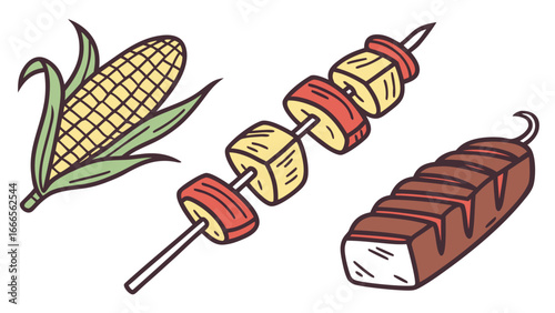 Illustration featuring corn on the cob, a shish kebab, and a loaf of bread in a cartoon style