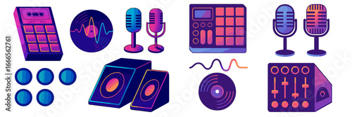 Music production elements in vibrant vector illustration style
