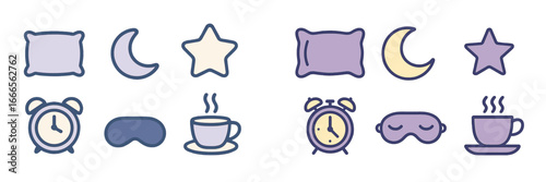 Sleep essentials vector illustration with pillows and clocks for rest