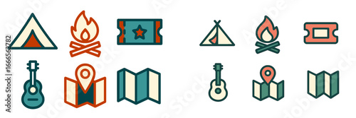 Camping icons: tents, maps, and instruments collection