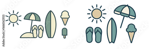 Summer beach elements with sun and surfboards in vector style