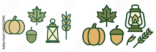 Vector illustration of autumn elements featuring pumpkins and lanterns
