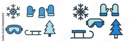 Winter activities vector illustration featuring snowflakes and gear