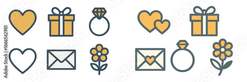 Colorful vector icons of gifts and symbols representing love