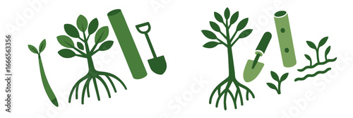 Illustration of gardening tools and plants for sustainable growth