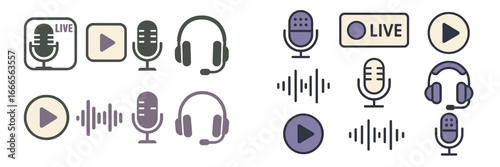 Vector illustration of live broadcasting and audio equipment elements