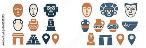 Vector art of ancient artifacts and cultural faces