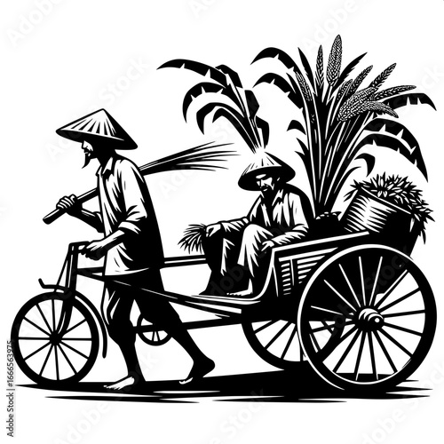 Farmer Pulling Rickshaw with Crops