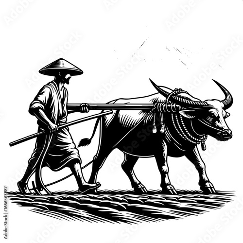 Farmer Guiding Plow with Buffalo