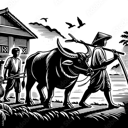 Farmer Guiding Plow with Buffalo