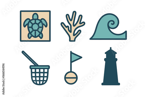 Vector art of turtle, coral, and lighthouse elements