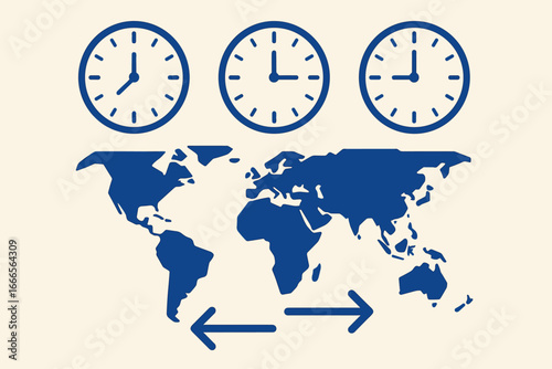 World clocks illustrating different time zones over a map