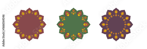 Set of Indian Round Frame, Rangoli for Diwali, festival of lights. Geometric abstract flower, mandala. Green and brown, yellow colors. Vector illustration.