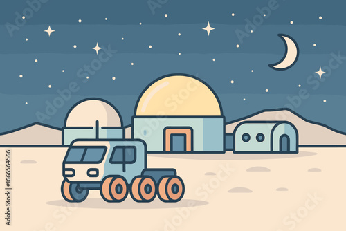 Space exploration concept with vehicle and futuristic habitat