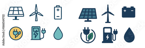 Renewable energy icons depicting solar wind and battery technologies