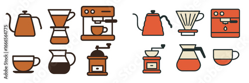 Coffee brewing equipment and cups in vector illustration style