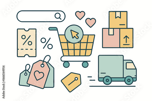 Shopping illustration with cart, packages, and delivery
