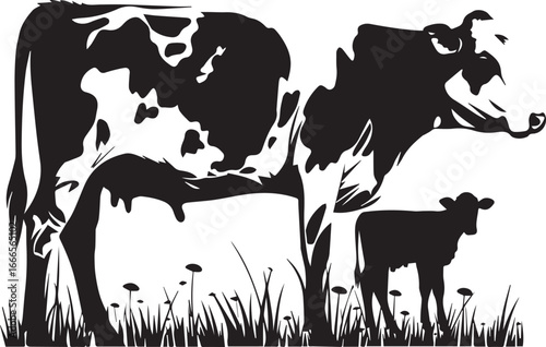 Monochromatic Cow and Calf: a charming silhouette of a cow and its calf, peacefully coexisting in a rural scene, captures the essence of rural simplicity and the bond between them.