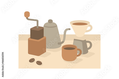 Coffee preparation tools on wooden table with various cups