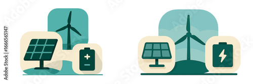 Renewable energy concepts featuring solar panels and wind turbines