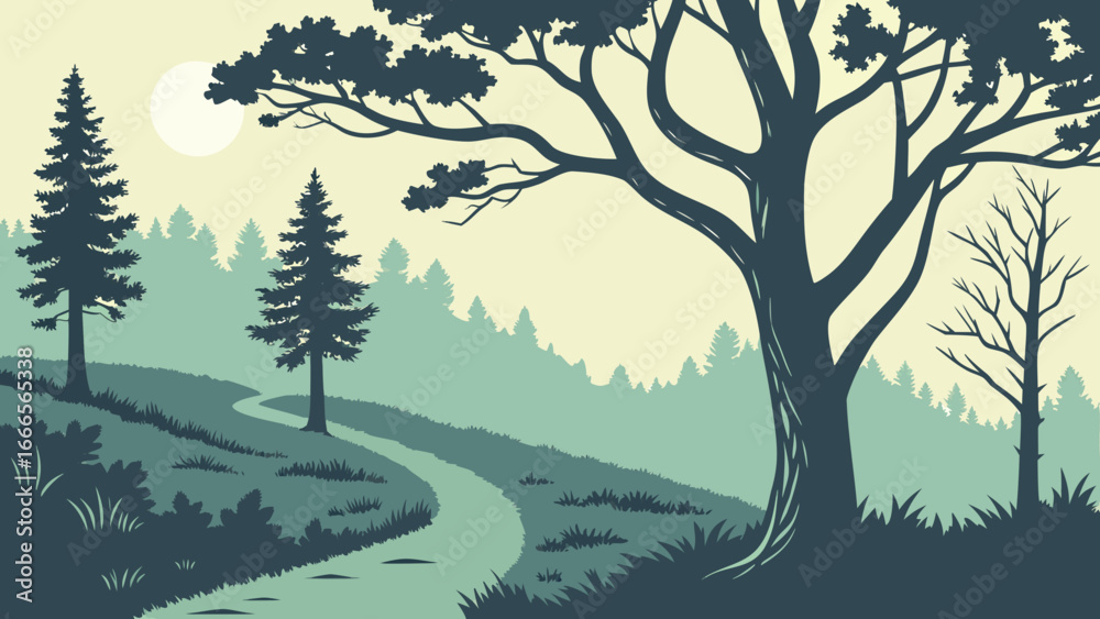 Obraz premium Silhouette landscape with winding path through trees and a sunlit sky in a serene and peaceful scene