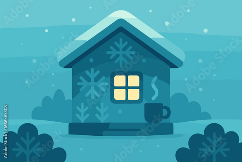Cozy winter cabin with snowflakes and warm light at night