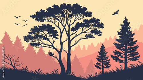 Silhouette landscape with trees, birds, and a layered mountain range at dusk in a vector illustration