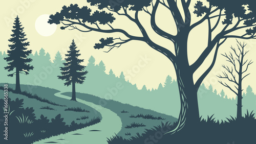 Silhouette landscape with winding path through trees and a sunlit sky in a serene and peaceful scene