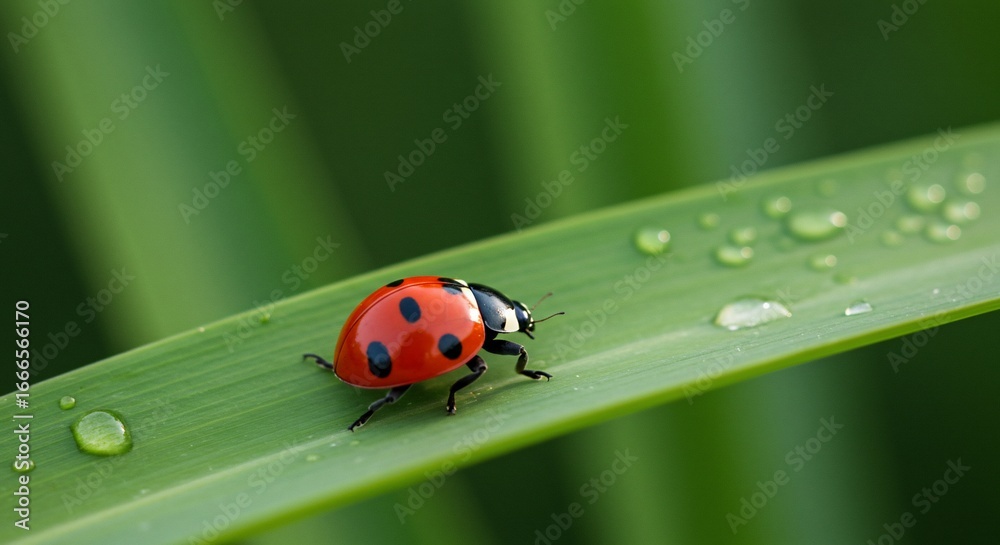Obraz premium Ladybug on Dew-Kissed Blade of Grass in Vibrant Green Field